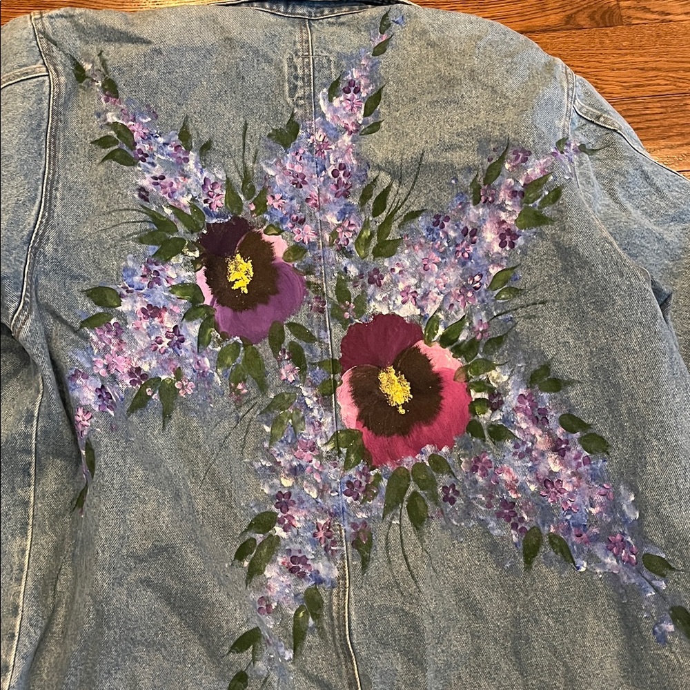 Sun Belt denim M/L Floral Denim Duster Coat handpainted - Picture 4 of 4